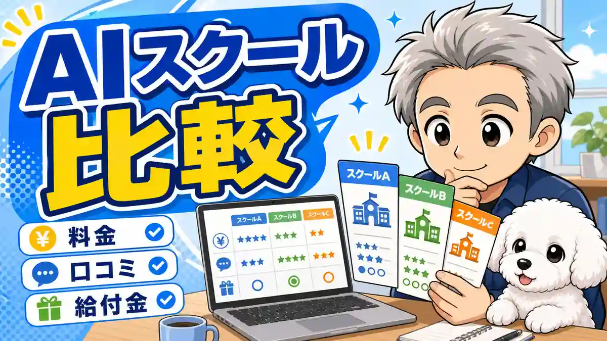 AIスクール比較で料金や口コミを見ながら迷う人とたかのちびキャラ