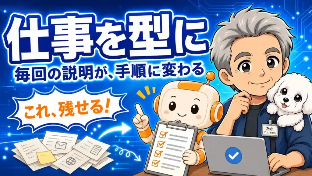 Codex Skillsで繰り返す仕事を手順として残すイメージを示す、たか・める・コワークン