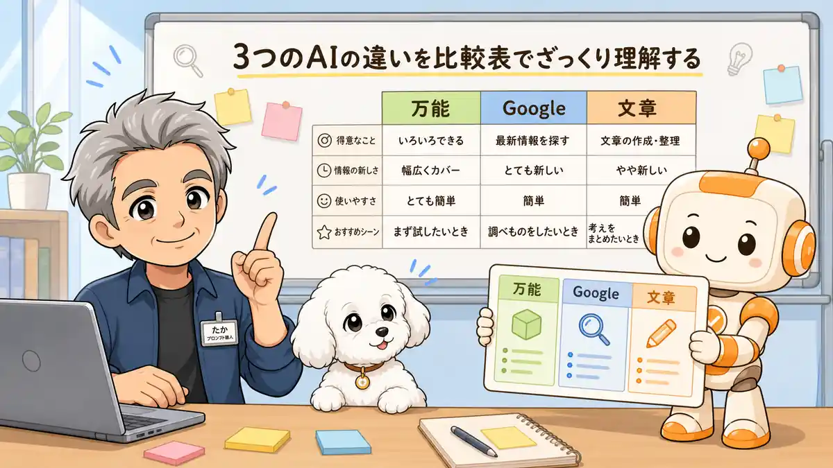 ChatGPTは万能、GeminiはGoogle連携、Claudeは文章に強い違いを比較するたかとコワークン