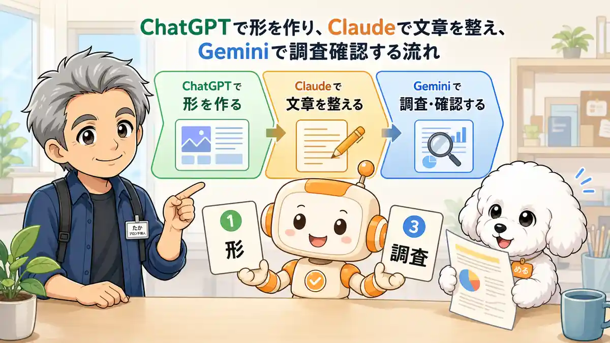 ChatGPTとClaudeとGeminiを3ステップで使い分ける流れを説明するたかとコワークン