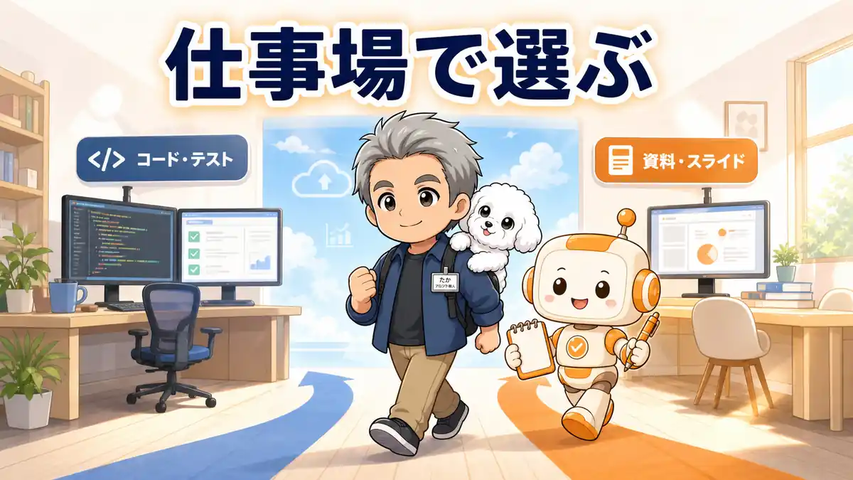 コードと資料の仕事場を選び分けて前へ進むたか、める、コワークン