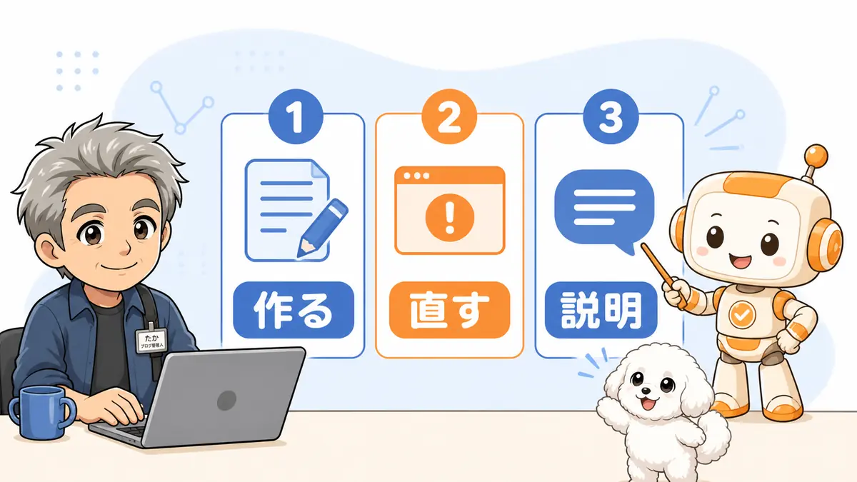 Codexへ頼みやすい作成・修正・説明の3つを案内するたか・める・コワークン