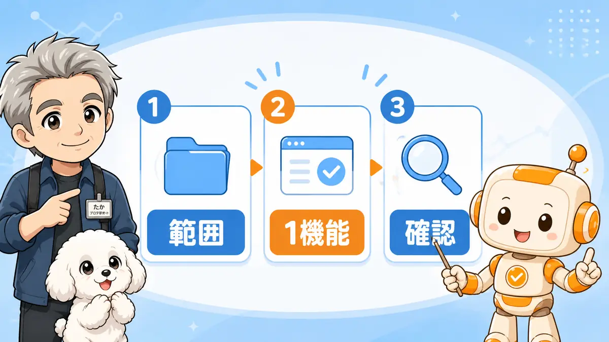 作業範囲を絞り1機能ずつ作って確認する3ステップを案内するたかたち