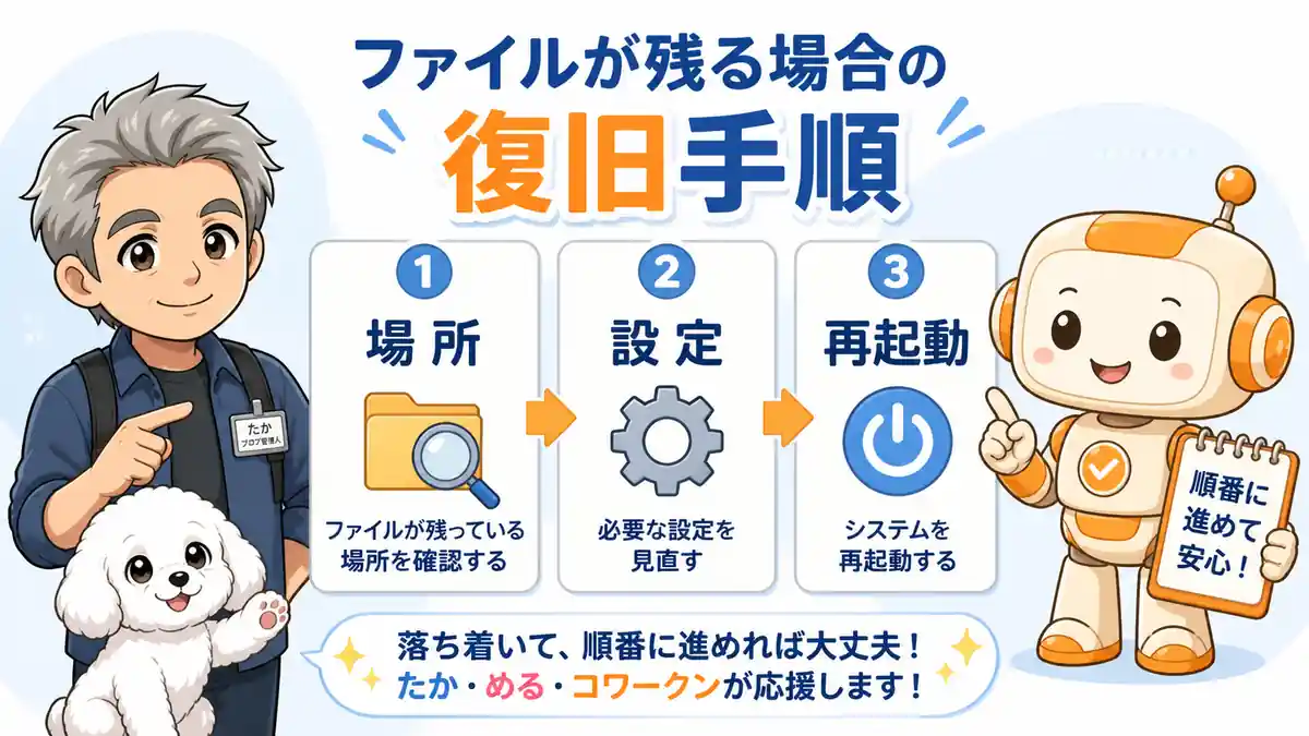 ファイルが残る場合に場所、設定、再起動の順で復旧する手順