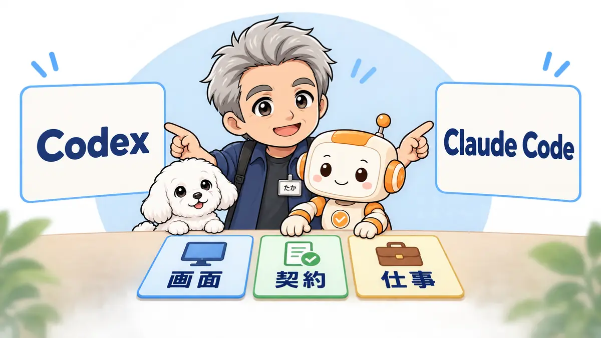 CodexとClaude Codeを画面・契約・仕事の3つで比べるたかとコワークン