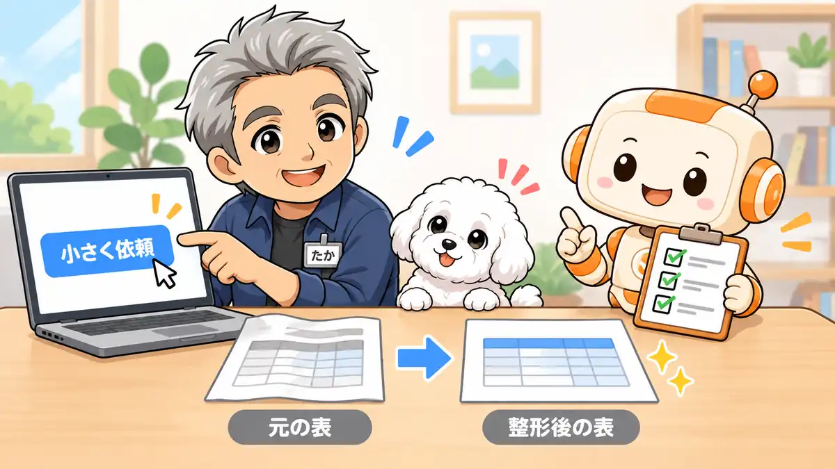 サイトの小さな修正や表の整形を依頼し、結果を確認するたかとコワークン