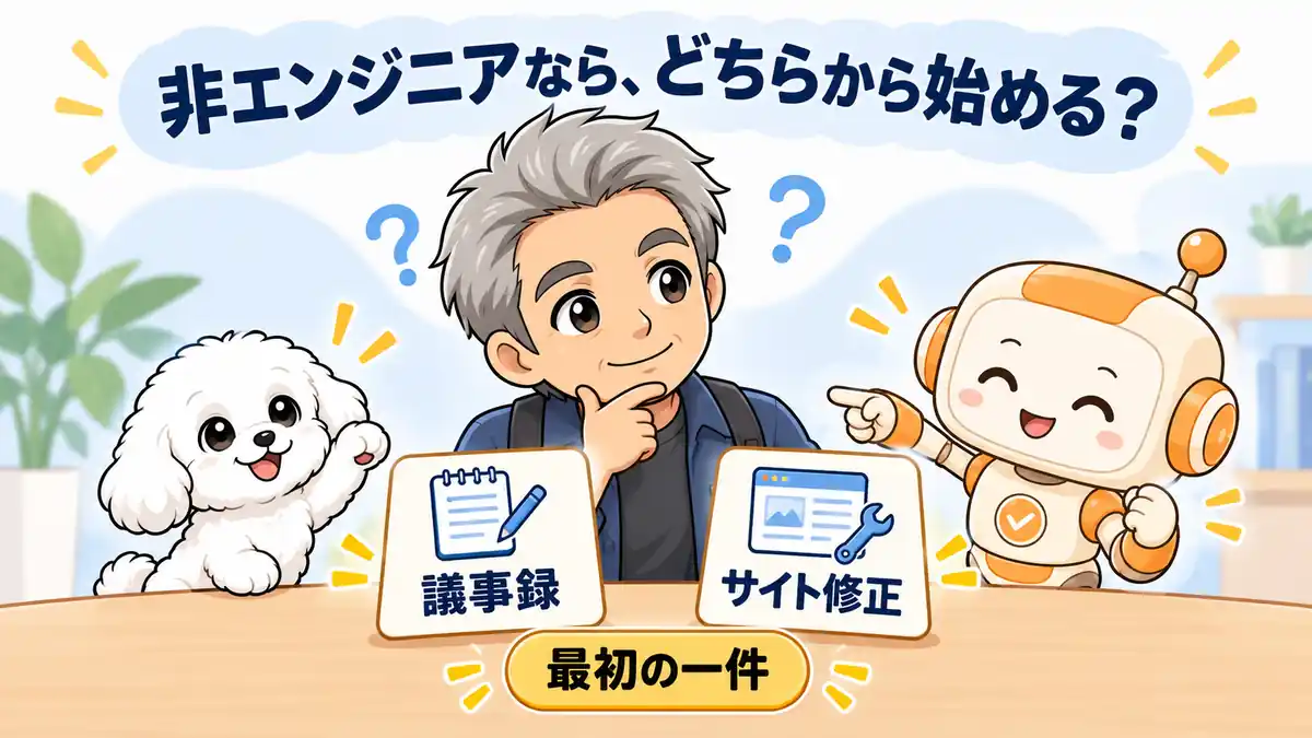 議事録とサイト修正から最初のAI作業を選ぶたかとコワークン