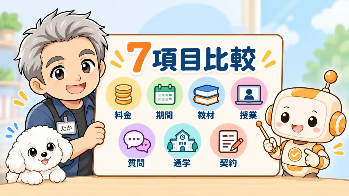 DMM生成AI CAMPとインターネット・アカデミーを料金や期間など7項目で比較する場面
