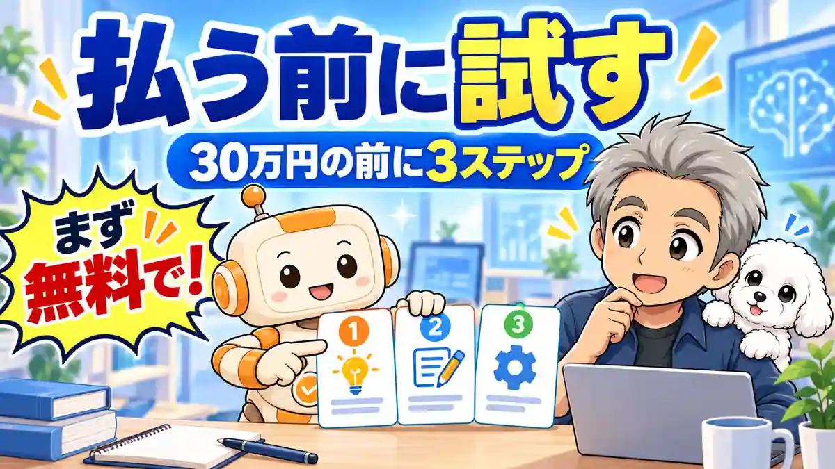 AIスクールに30万円払う前に無料で試す3ステップを示すたかとコワークンのアイキャッチ