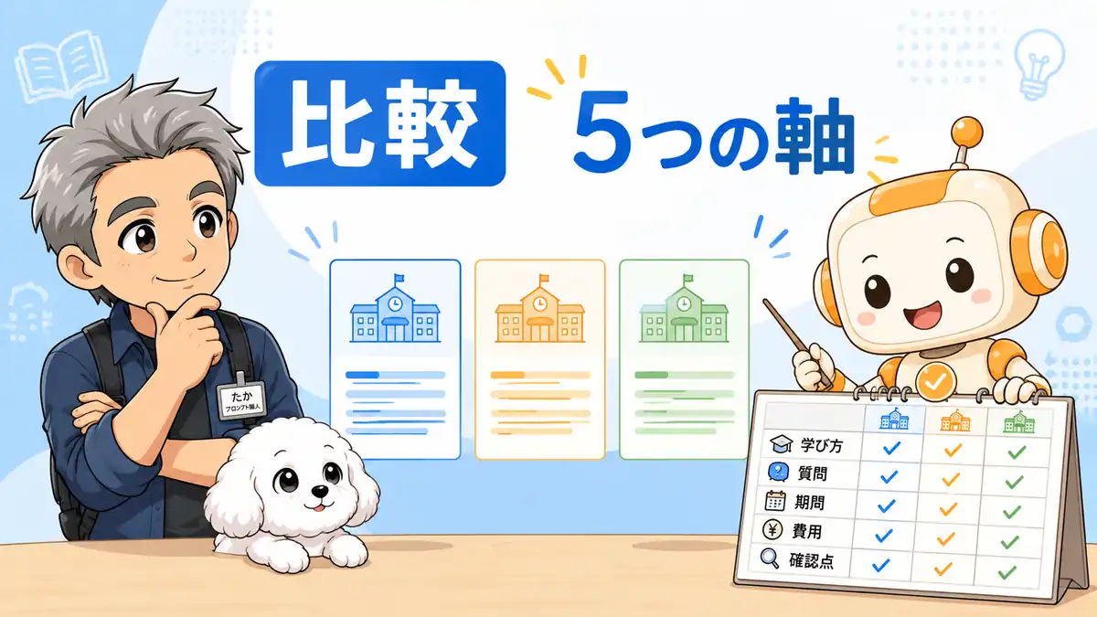 生成AIスクール3候補を学び方や費用など5つの軸で比べるたかとコワークン
