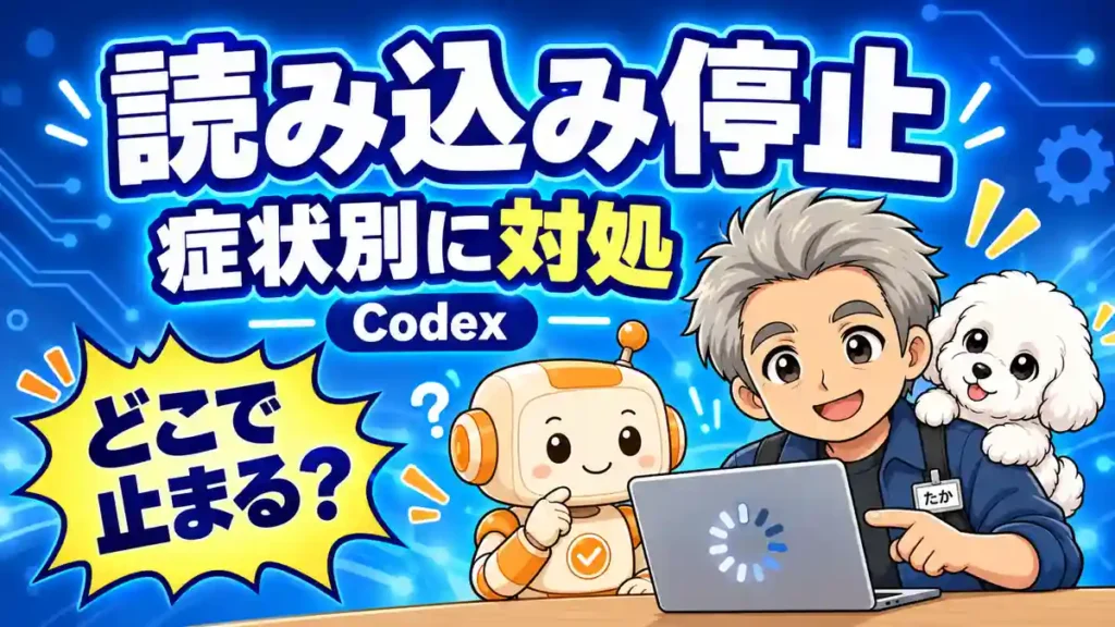Codexの読み込み停止を症状別に対処する方法を案内するたか・める・コワークンのアイキャッチ