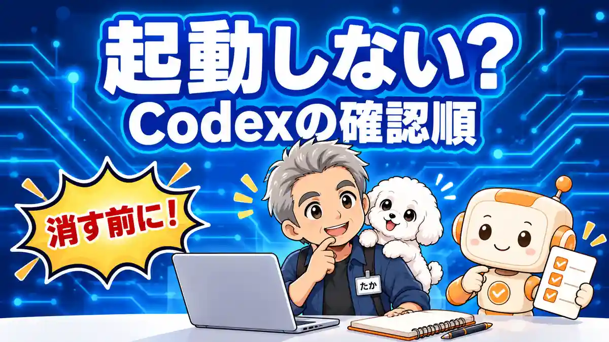 Codexが起動しないときに削除前の確認を案内するたかとめる、コワークン