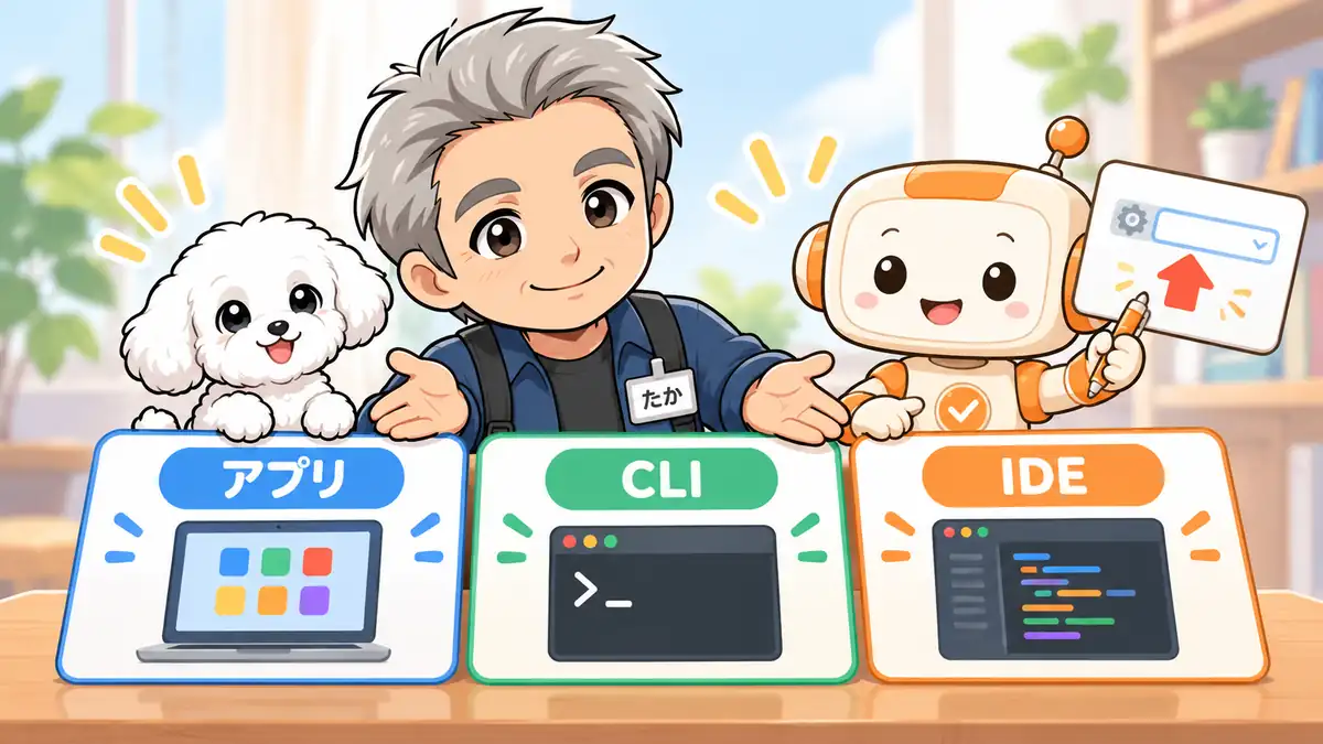 アプリ・CLI・IDEの権限設定の入口を三つのカードで案内するたかとコワークン