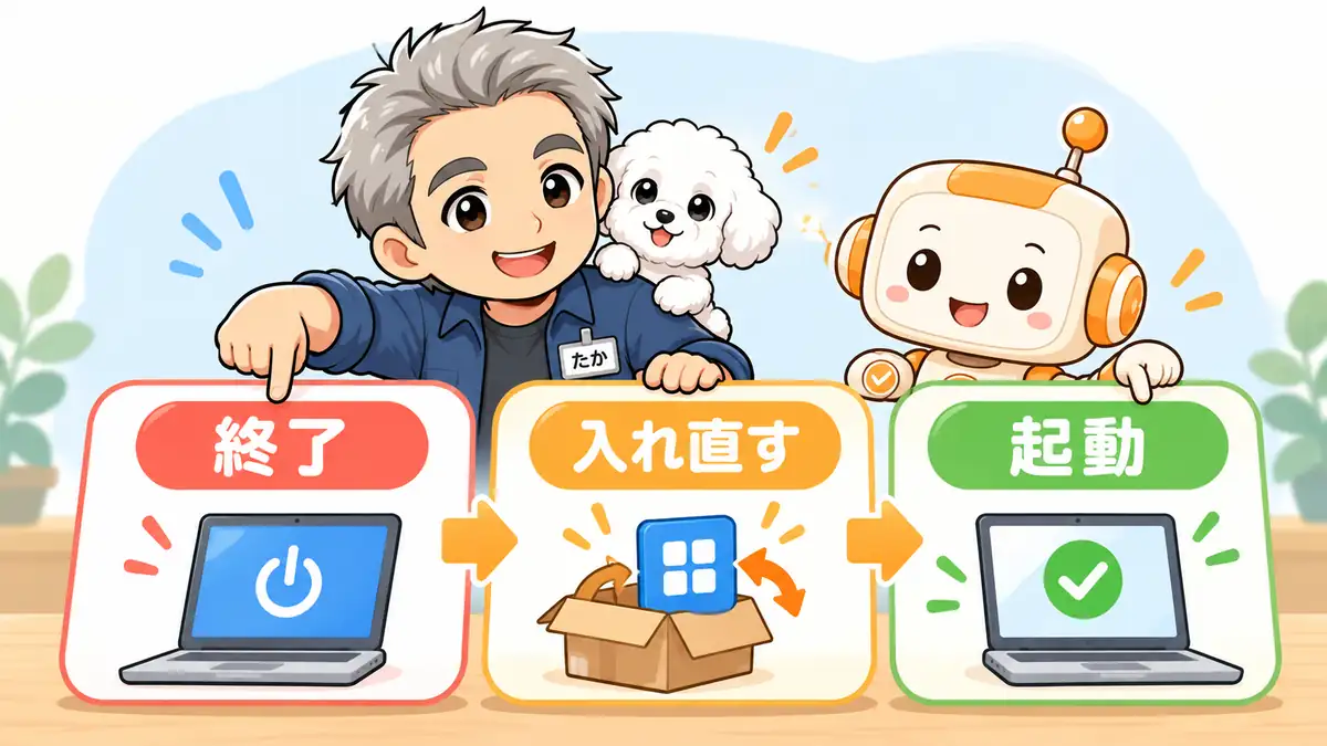 アプリの終了、入れ直し、起動確認の順番を案内するたかとコワークン