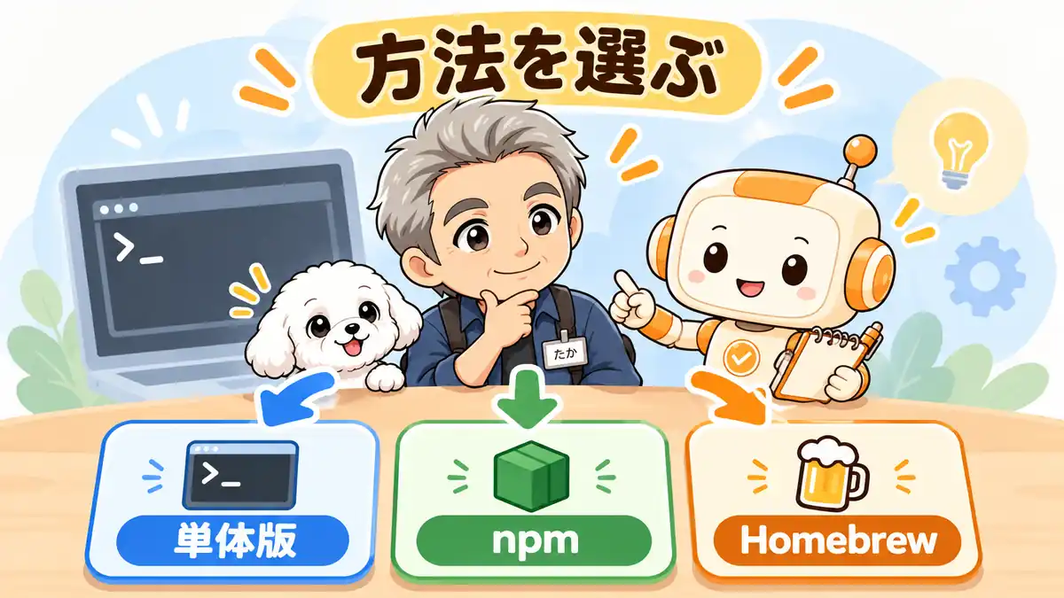 単体版、npm、Homebrewの導入方法からCLIの再導入手順を選ぶたかとコワークン
