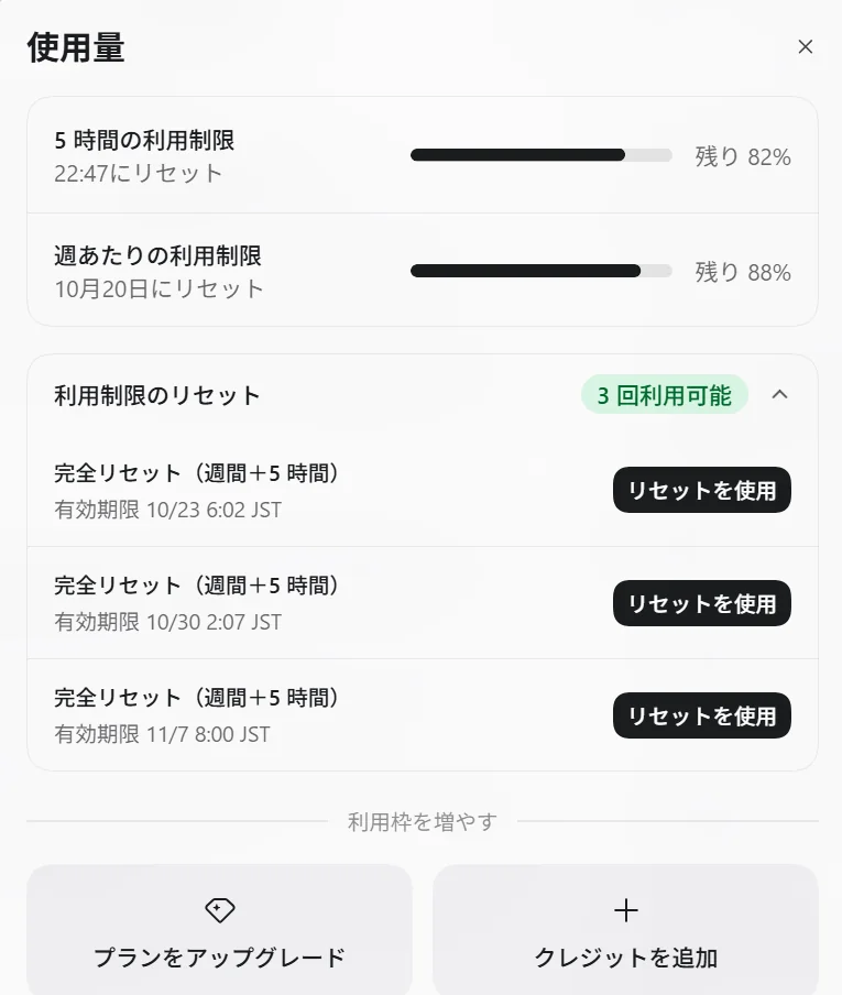 Codexの使用量画面。5時間と週間の残り利用枠、完全リセット券3回分と各有効期限を表示