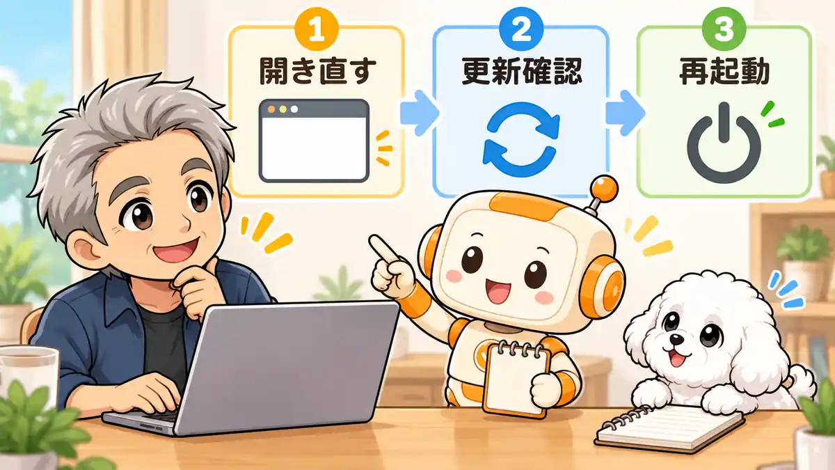 アプリの開き直し、更新確認、PC再起動を一つずつ確認するたかとコワークン