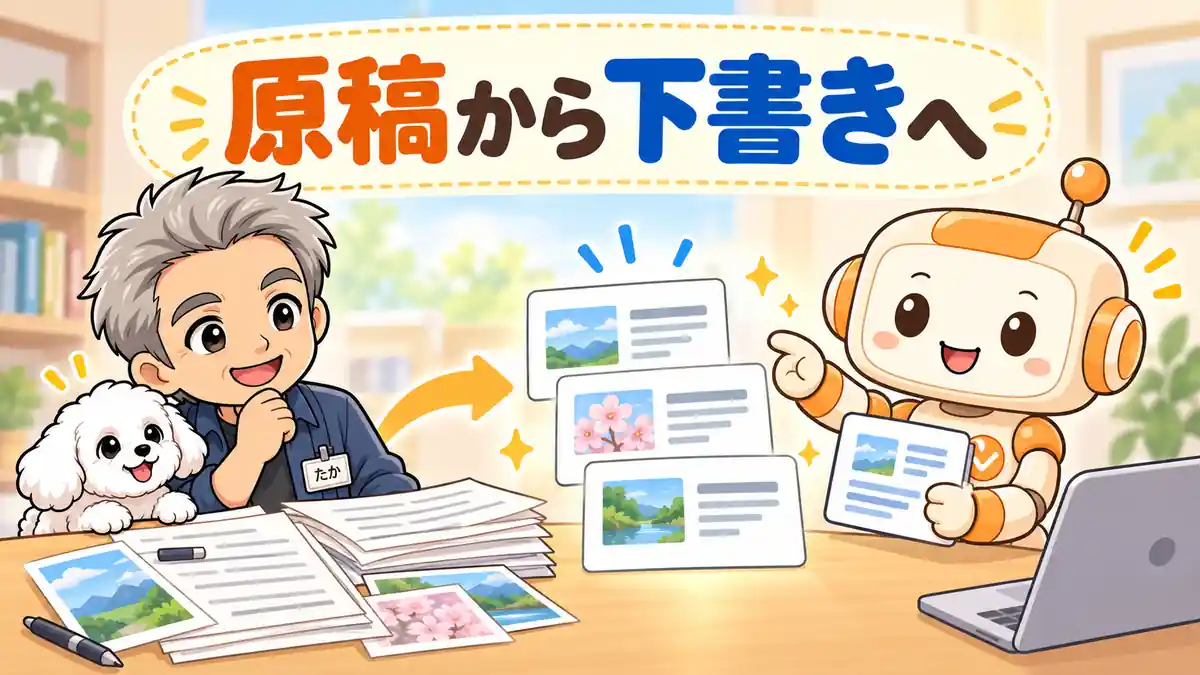 本文や画像を下書きへまとめる作業を案内するたかとコワークン