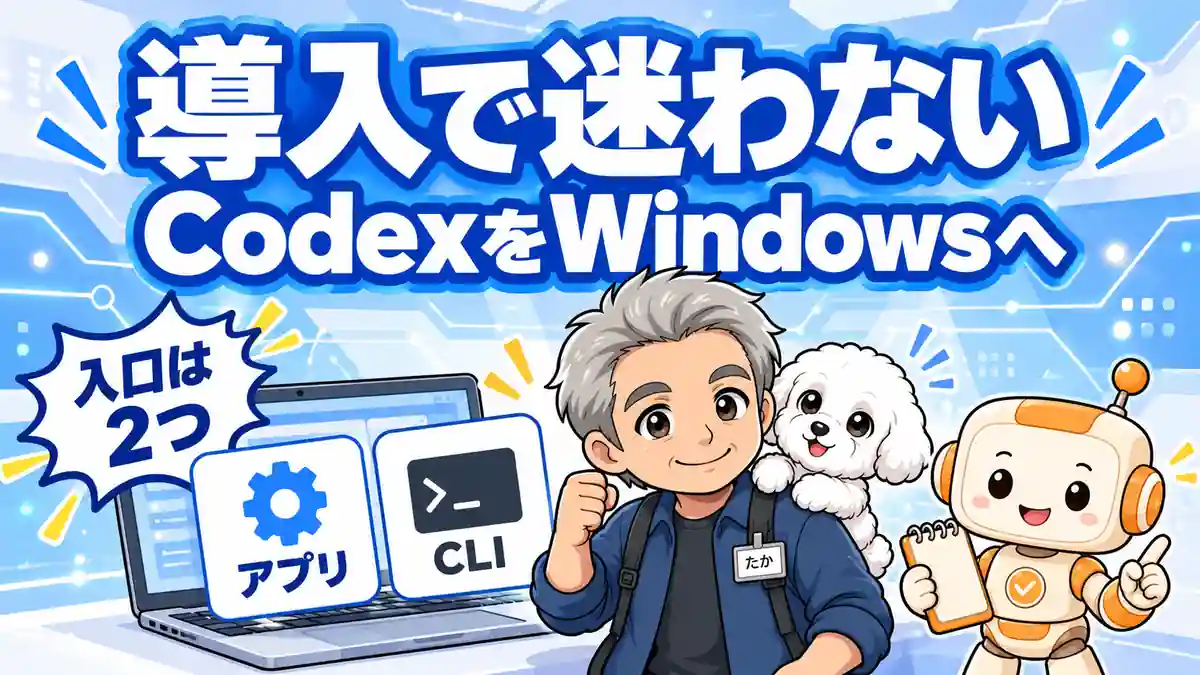 WindowsにCodexを導入する二つの入口を案内するたかとコワークン