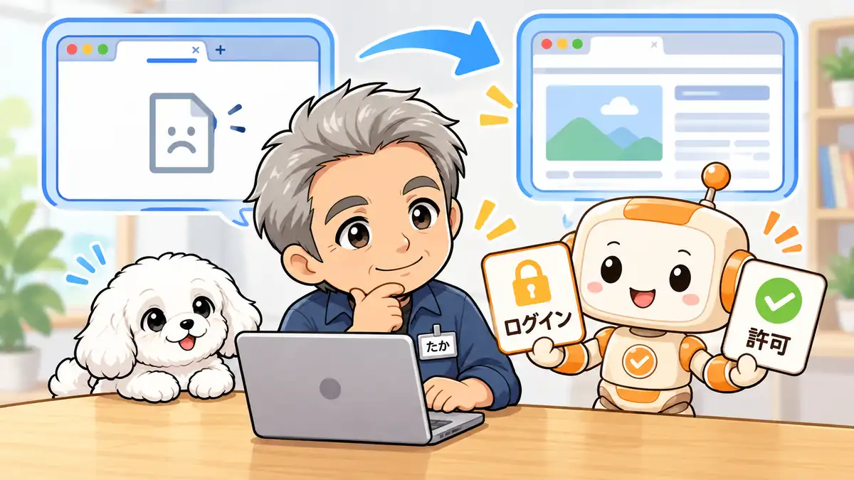 内蔵ブラウザのログインとサイトの許可を確認するたかとコワークン