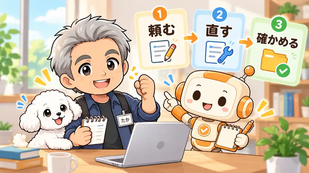 小さな作業を頼み、修正して保存まで確認する使い方をまとめるたか・める・コワークン